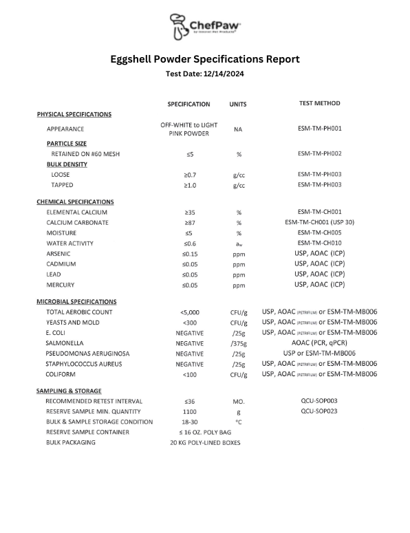 chefpaw eggshell powder specification report