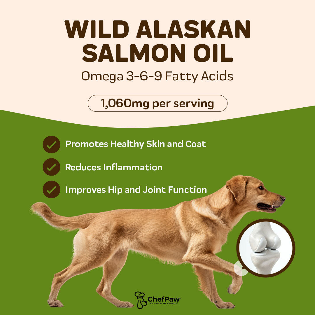 wild alaskan salmon oil, omega 3-6-9 fatty acids, promotes healthy skin and coat